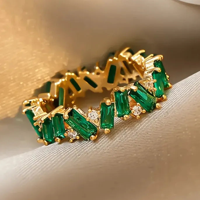 Geometric Green Cubic Zirconia Brass Wedding Band Ring for Women Bridal Jewelry