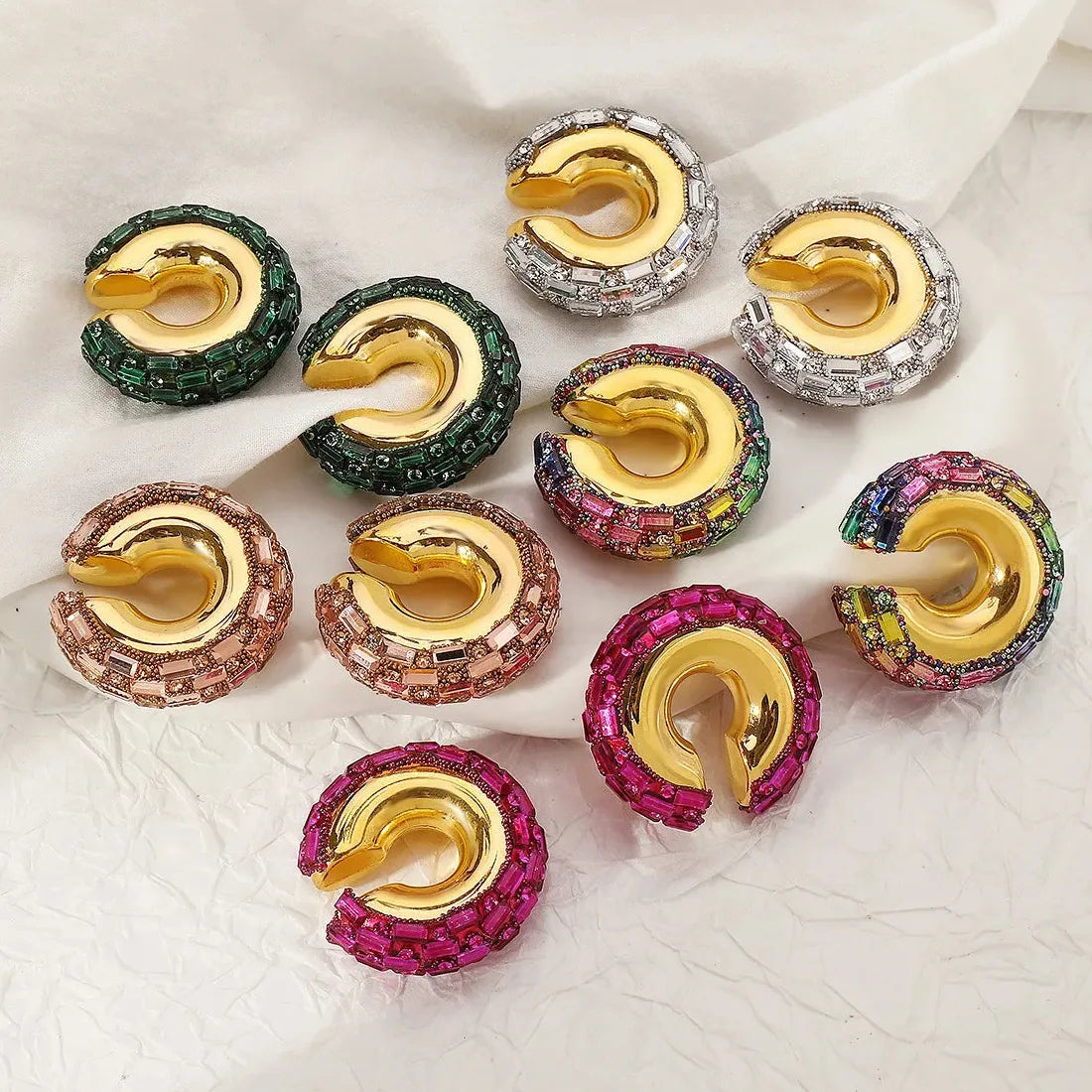 Luxury Colorful Crystal C-Shape Zinc Alloy Clip Ear Cuffs for Women