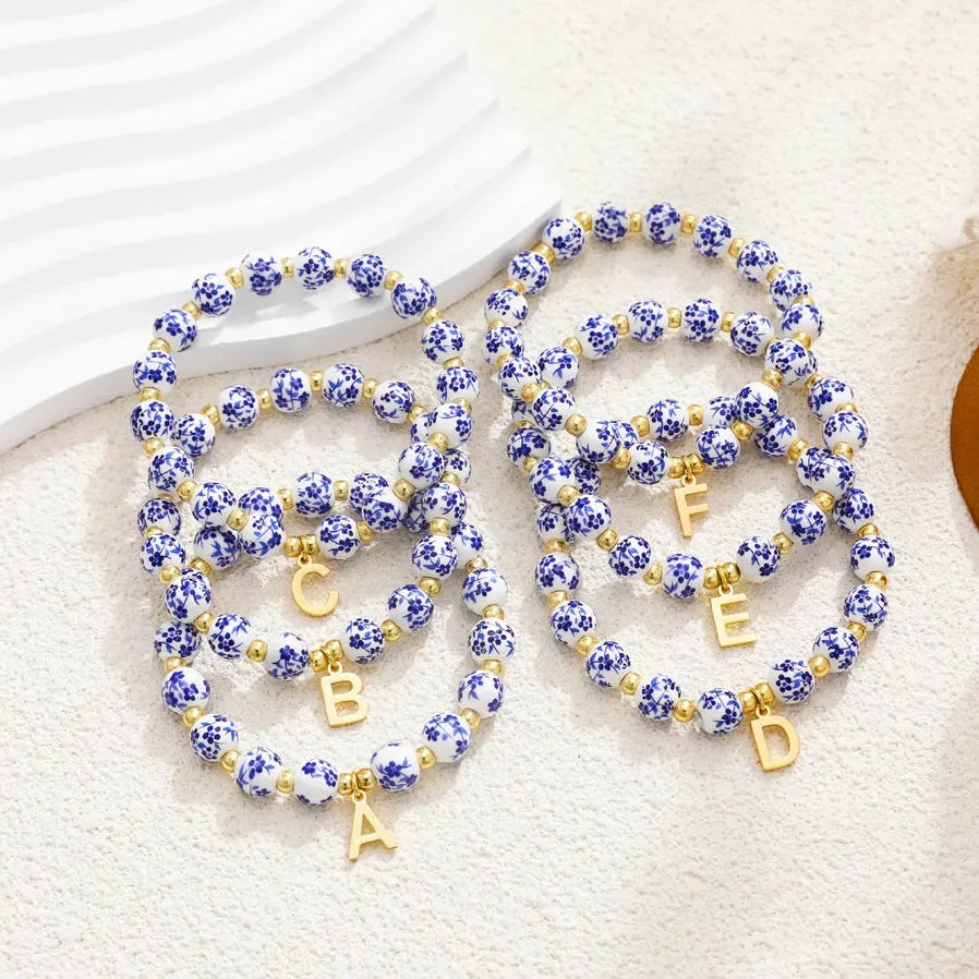 2 Pcs Handmade Blue White Porcelain Letter B Elastic Beaded Bracelet Jewelry Gift