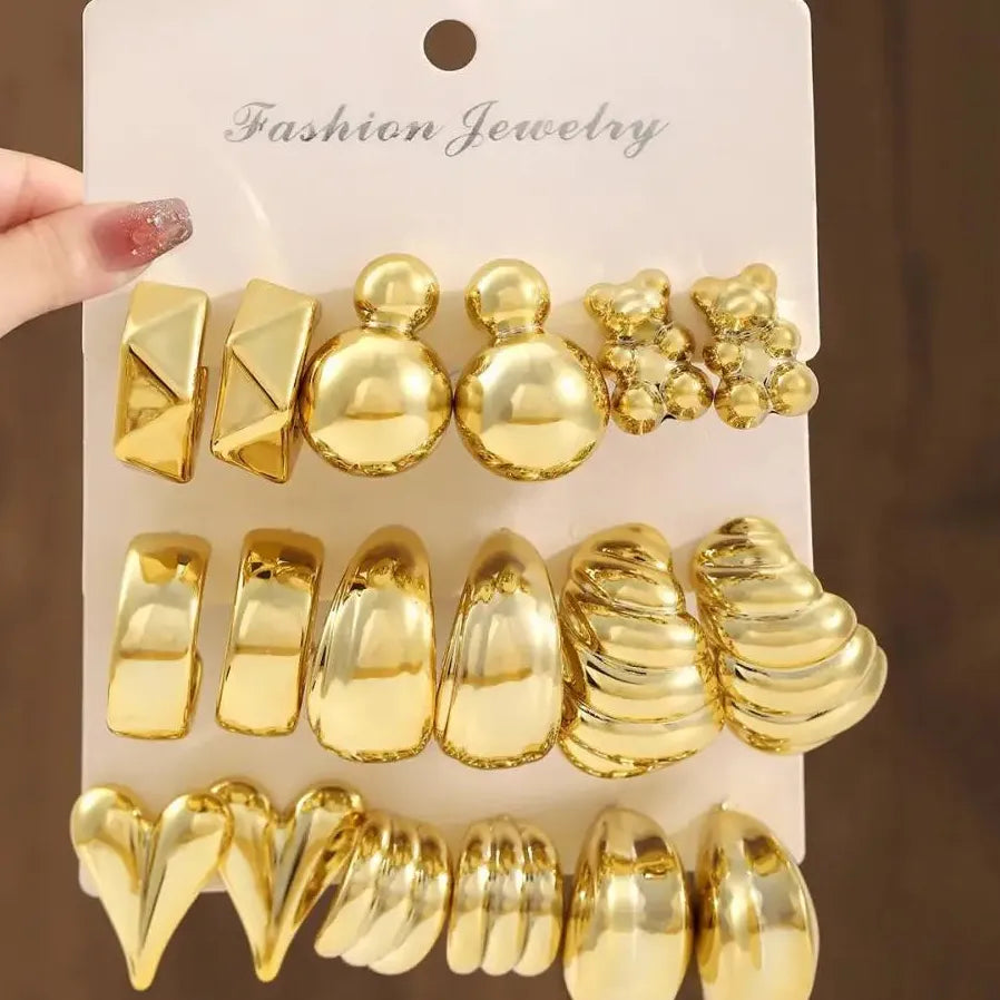 6Pcs Gold Heart Bear Drop Earrings Women Twisted Metal C-Shape Jewelry Gift