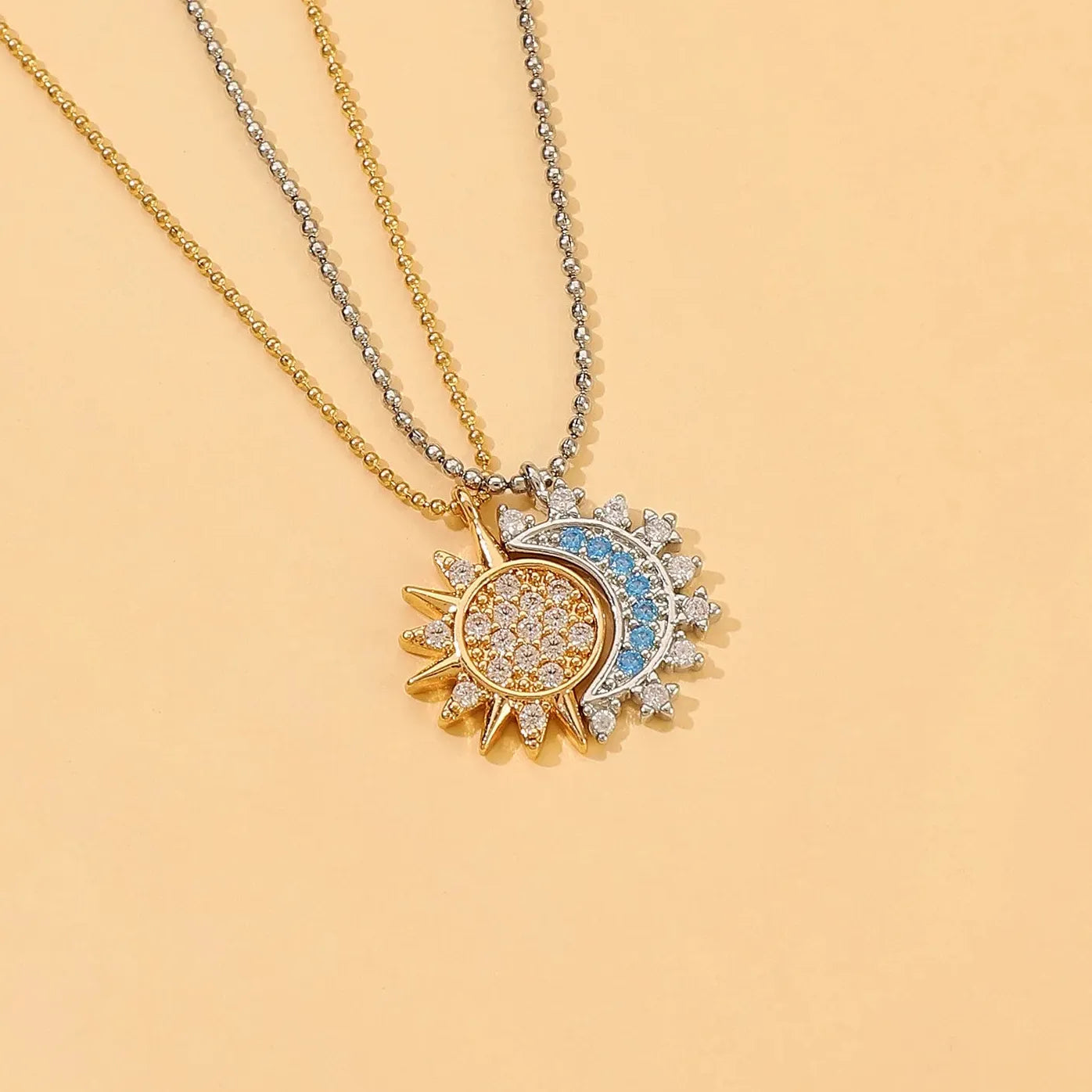 Copper Sun Moon Pendant Necklace with Rhinestones Vintage Jewelry Gift