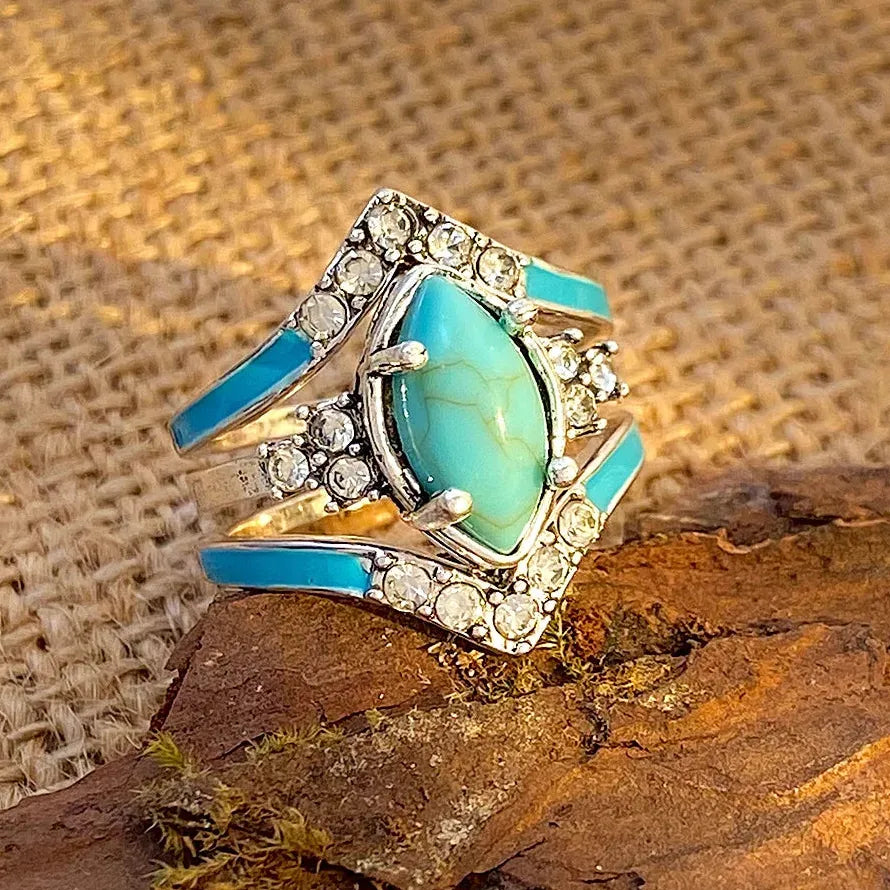 3 Pieces Women's Zinc Alloy Multilayer Hollow Turquoise Engagement Rings Set