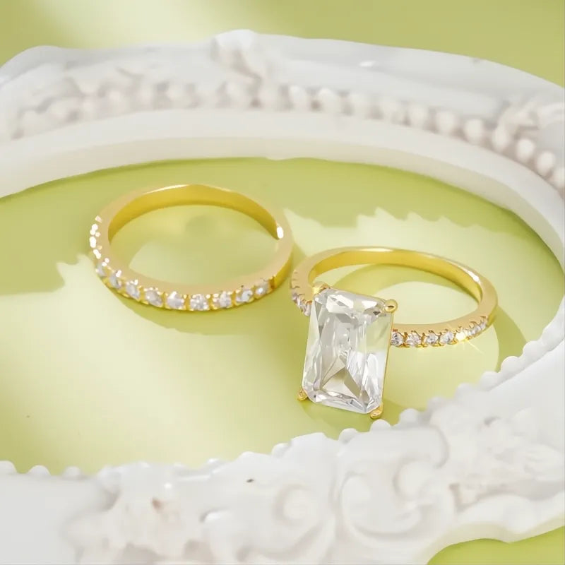 Rectangular Cubic Zirconia Bridal Wedding Rings Set for Women Luxury Trendy Engagement Band Jewelry