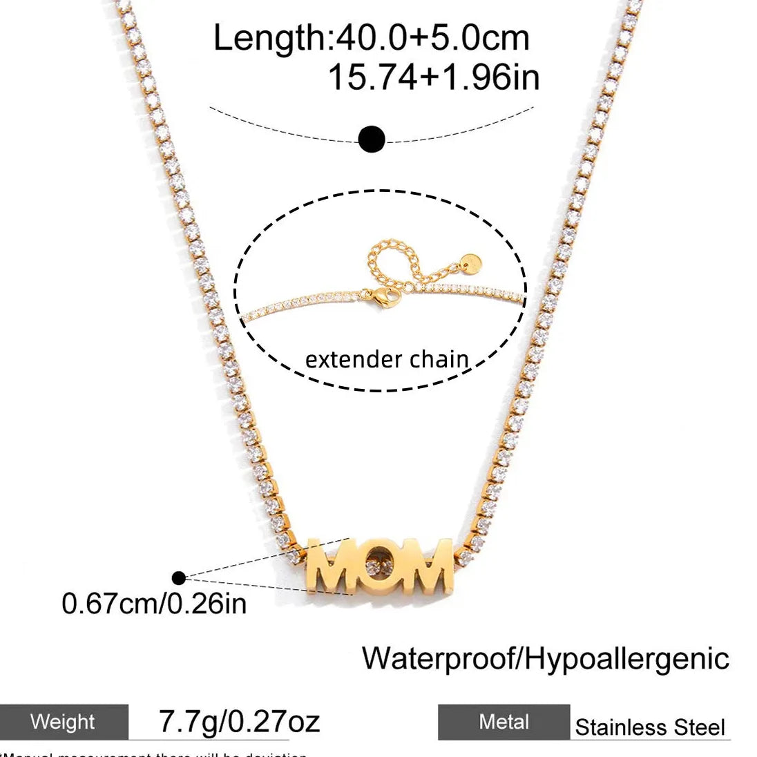 18K Gold Plated Stainless Steel Zircon MOM Tennis Chain Necklace Choker