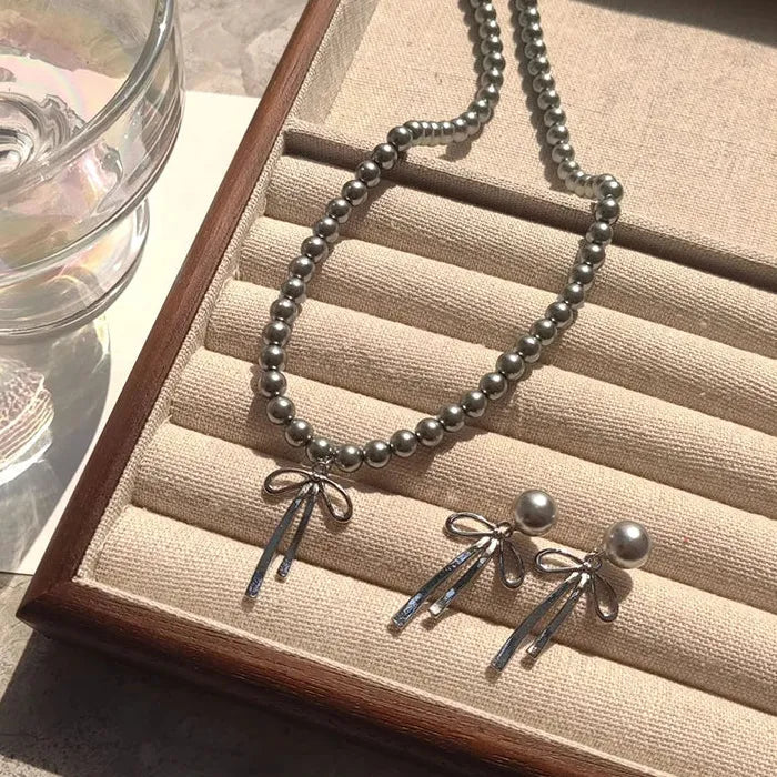 Y2K Elegant Bowknot Pendant Choker Necklace & Gray Pearl Earrings Set