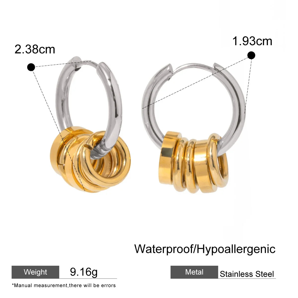 Waterproof C Shape Hoop Earrings for Women Stainless Steel Gold Plated Rings