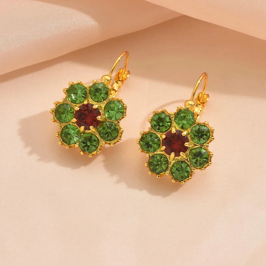 Festival Round Flower Inlay Green Red Stone Drop Earrings for Women Party Jewelry