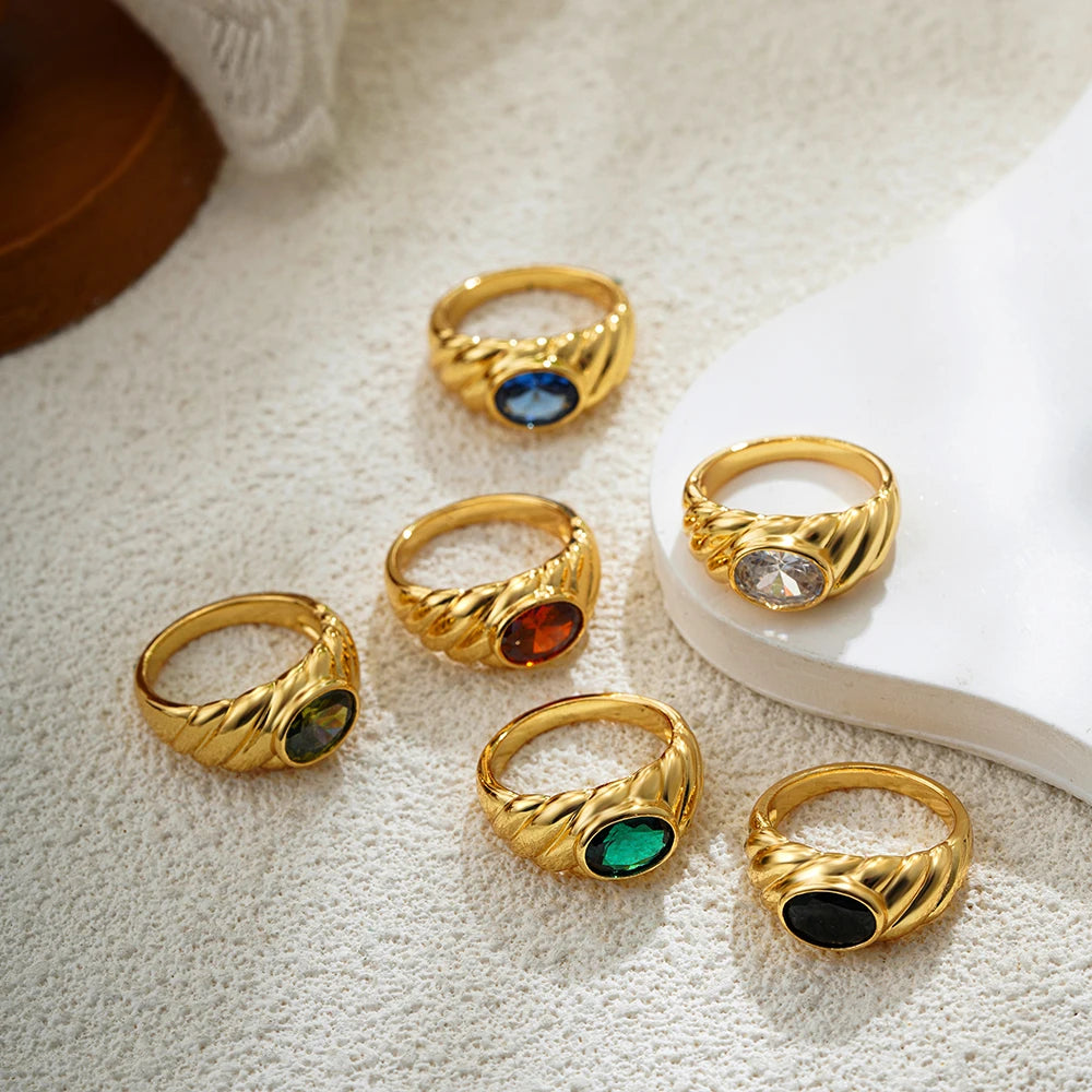 18K Gold Plated Stainless Steel Multicolored Oval Crystal Zircon Knuckle Ring