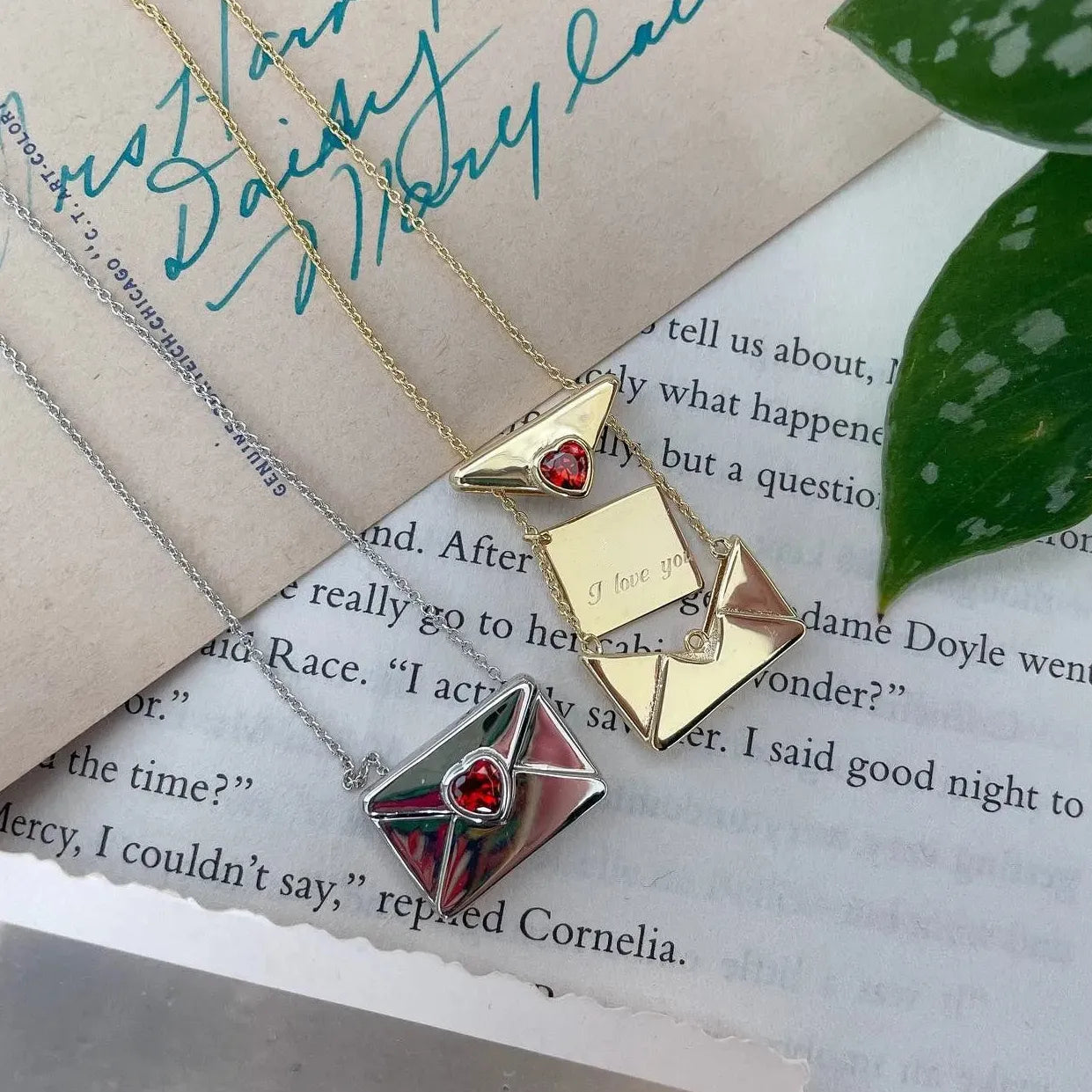 Vintage Heart Zircon I Love You Square Metal Pendant Openable Envelope Necklace Stainless Steel Choker Jewelry