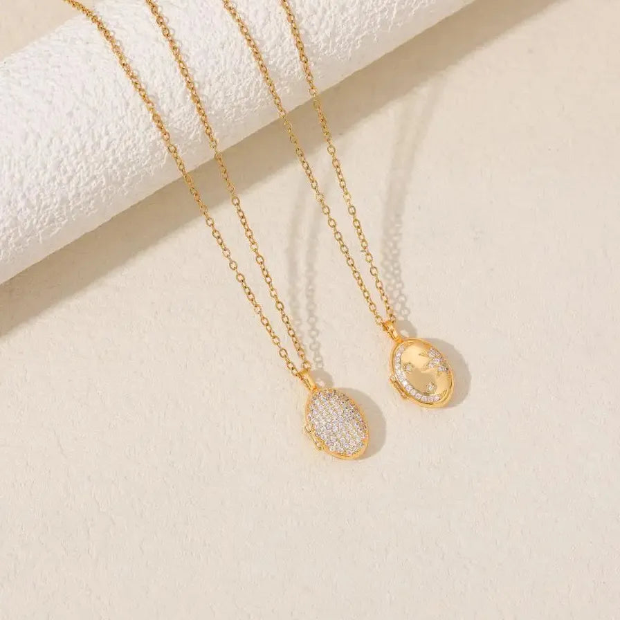 Openable Oval Zircon Photo Frame Pendant Necklace 18K Gold Plated Choker Jewelry