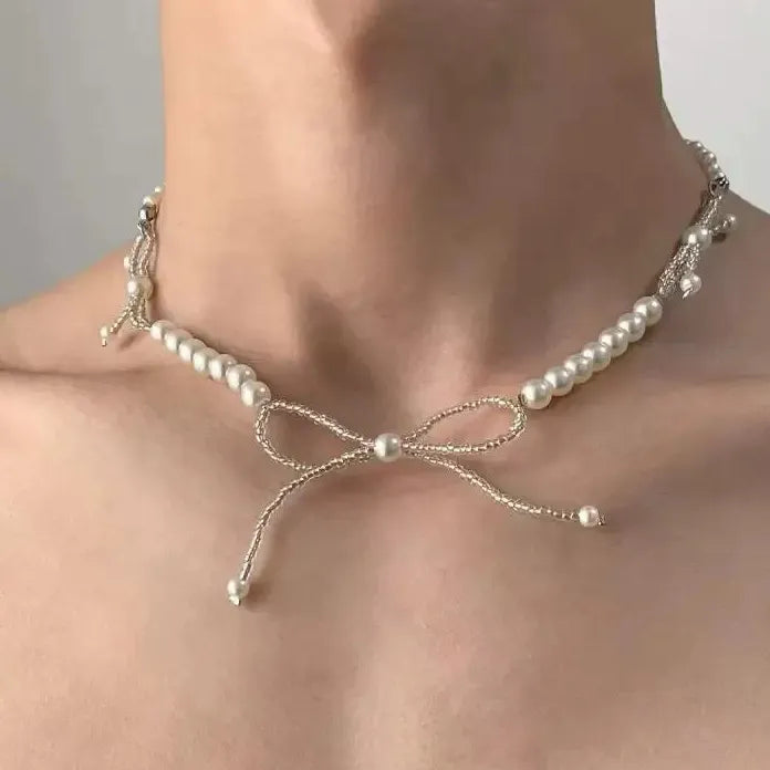 Crystal Imitation Pearl Beaded Bow Knot Collarbone Necklace for Women Girls
