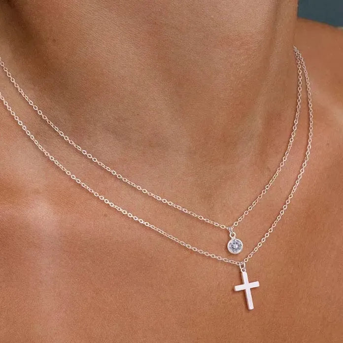 Stainless Steel Gold Cross Pendant Necklace for Women Double Layer Chain Jewelry Gift