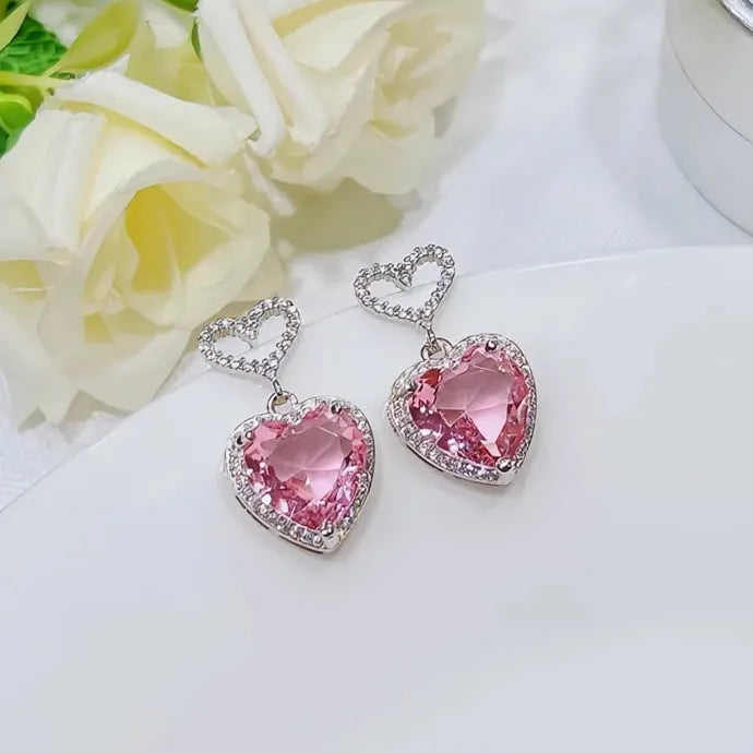 Pink Heart Cubic Zirconia Copper Alloy Earrings for Women Engagement Wedding