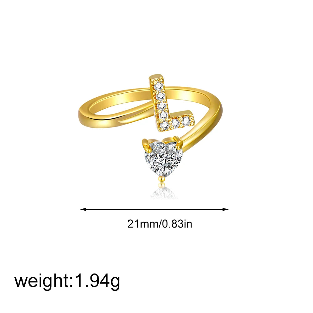 Polished Gold Plated Copper A-Z Letter Initial Ring with Zircon Heart Wedding Jewelry