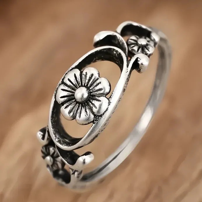 Vintage Engraved Hollow Flower Ring for Women Anniversary Gift Jewelry