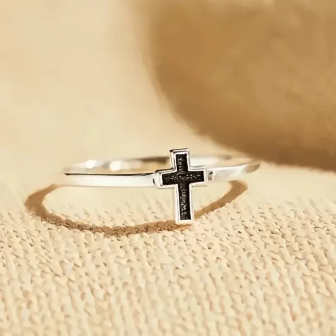 Trendy Women's Cross Ring Brass with Black Epoxy Glaze Finger Jewelry
