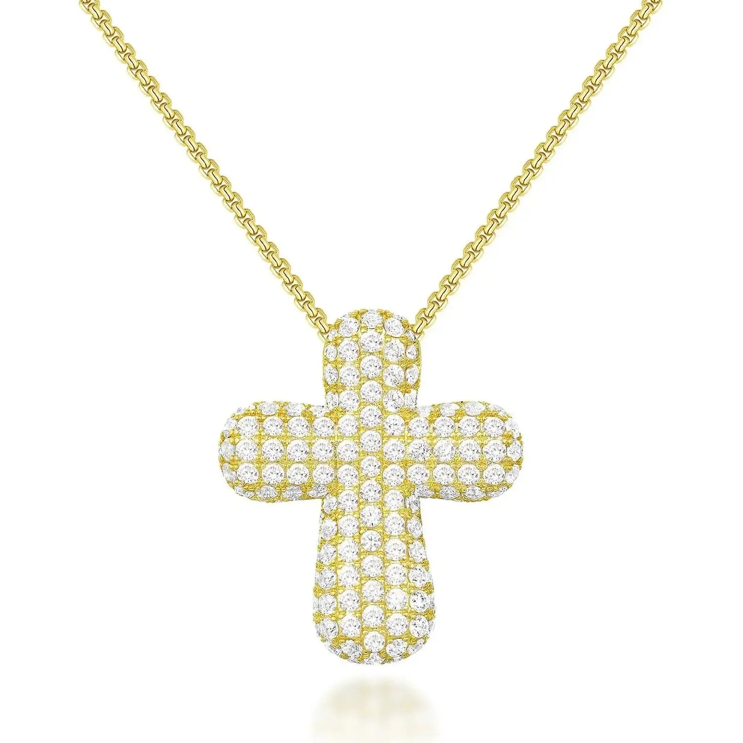 18K Gold Plated Zircon Thick Cross Pendant Necklace Stainless Steel Chain Jewelry