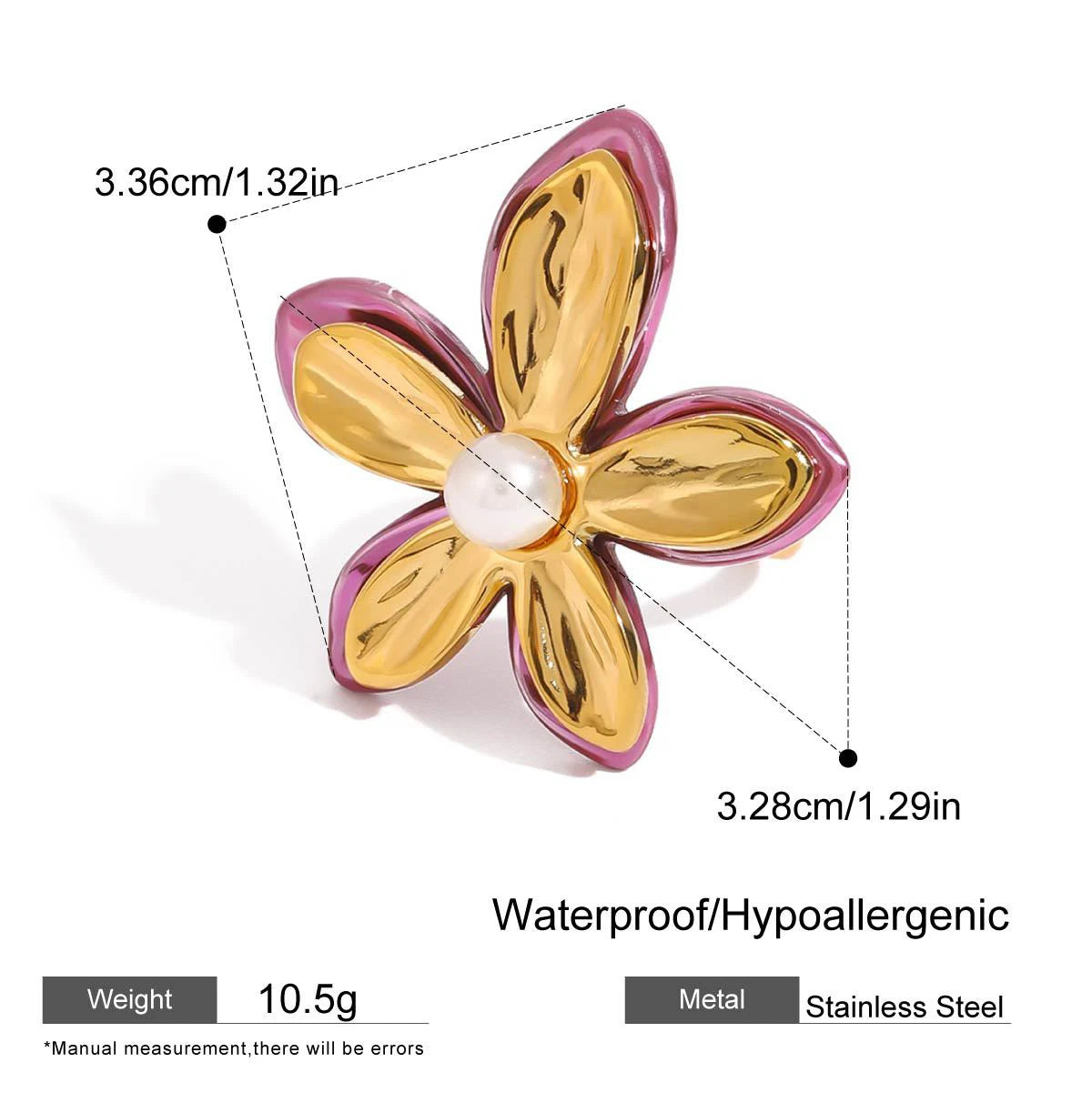 18K Gold Plated Two-Color Flower Pearl Open Ring Stainless Steel Stackable Jewelry