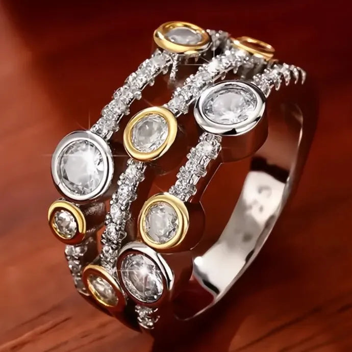 Hollow Geometric Women’s Brass Ring with Shiny Round Cubic Zirconia
