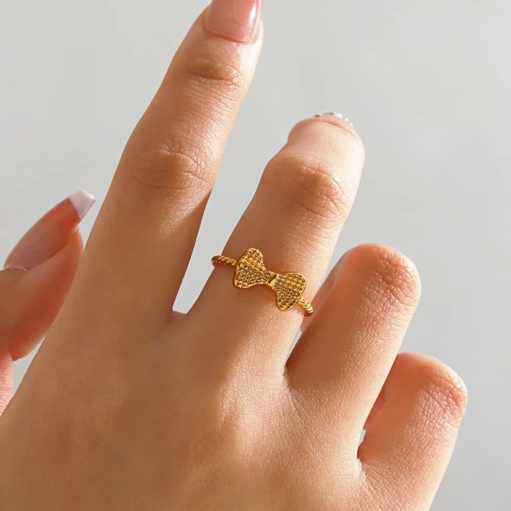 Gold Plated Adjustable Stainless Steel Mini Bowknot Ring Ribbed Twist Circle Jewelry