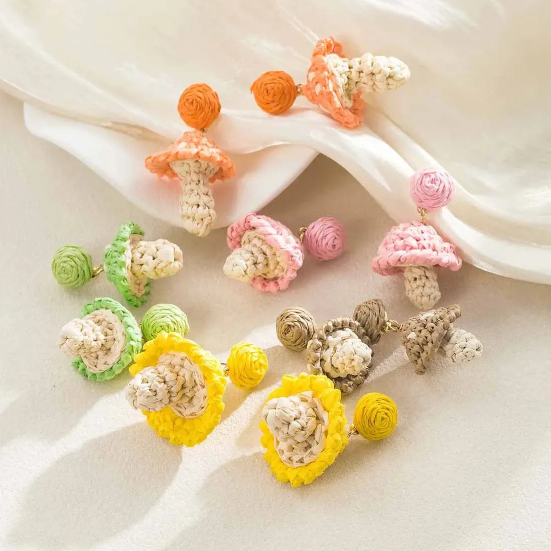 Lafite Grass Woven Mushroom Stud Earrings for Women Bohemian Summer Jewelry