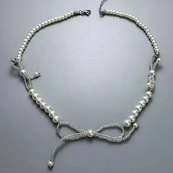 Crystal Imitation Pearl Beaded Bow Knot Collarbone Necklace for Women Girls