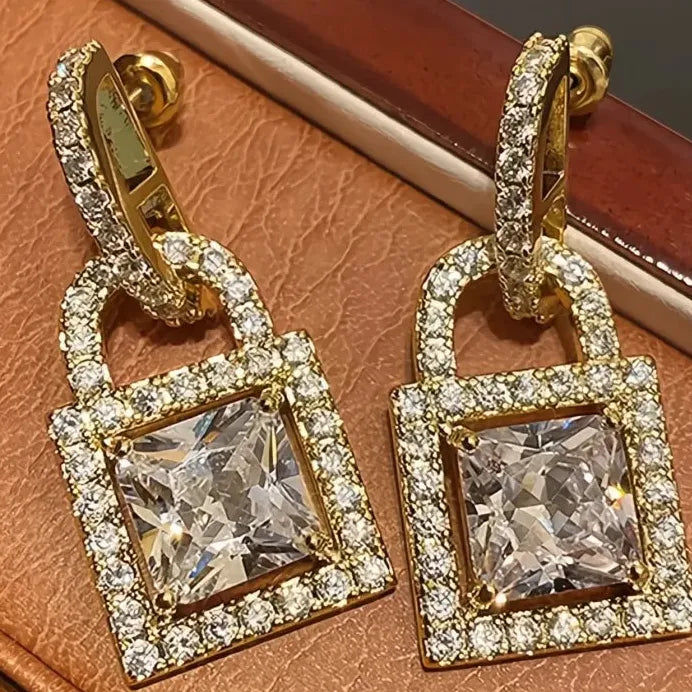 Gold Lock Drop Earrings with Shiny Cubic Zirconia for Women