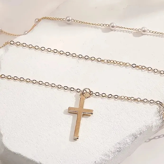 Elegant Simulated Pearl Pendant Necklace Cross Design for Women