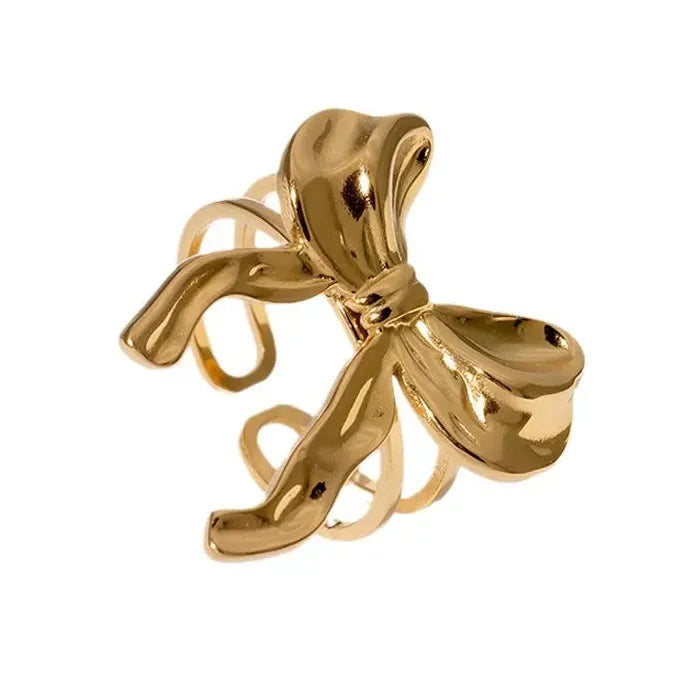 Adjustable Gold Stainless Steel Bowknot Ring for Women Wedding Jewelry Gift