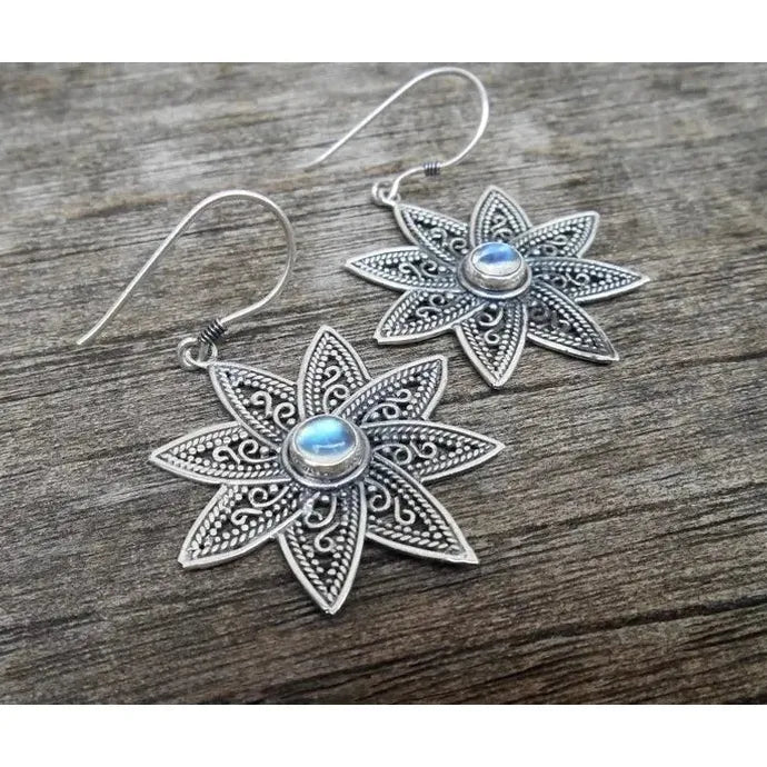 Bohemian Moonstone Drop Earrings Retro Carving Flower Pendant Zinc Alloy Gift