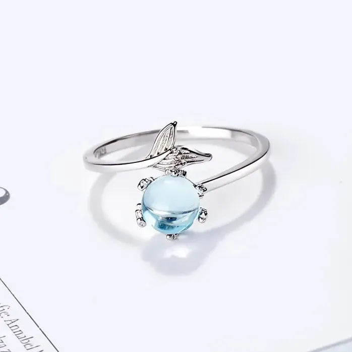 Adjustable Silver Plated Blue Mermaid Fish Tail Bubble Ring for Women Girls