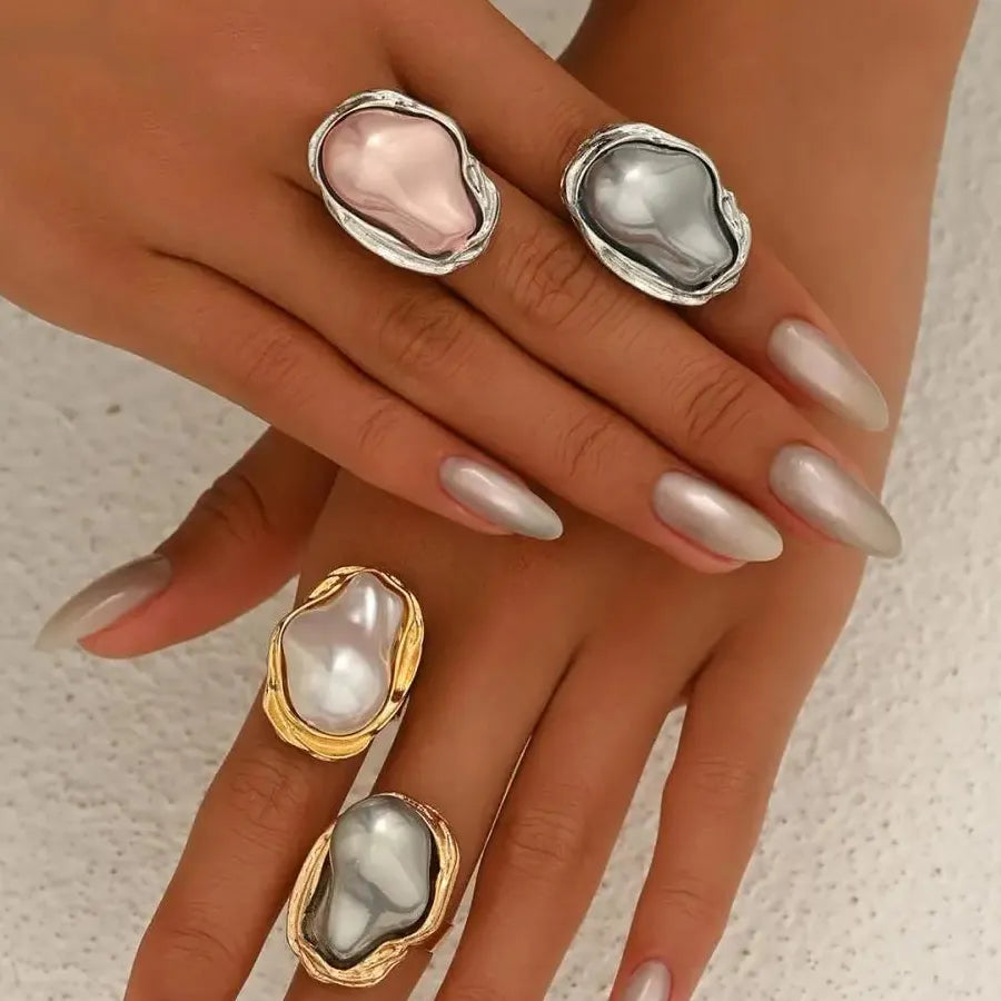 Adjustable Vintage Baroque Pearl Geometric Cocktail Ring for Women Stylish