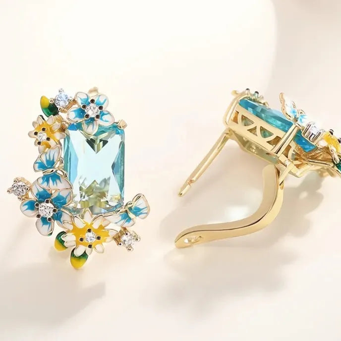 Blue Yellow Flower Enamel Drop Earrings with Sky Blue CZ Cubic Zirconia Brass Jewelry for Women Wedding Party
