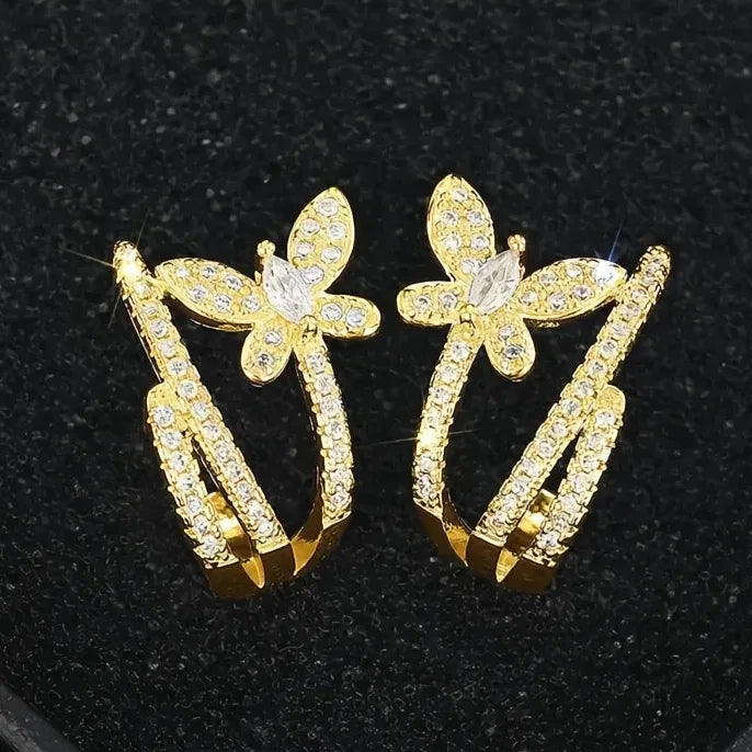 Women Geometric Hoop Earrings Butterfly Design Cubic Zirconia Copper Jewelry