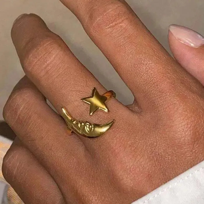 Adjustable Stainless Steel Moon Star Ring for Women Celestial Gift