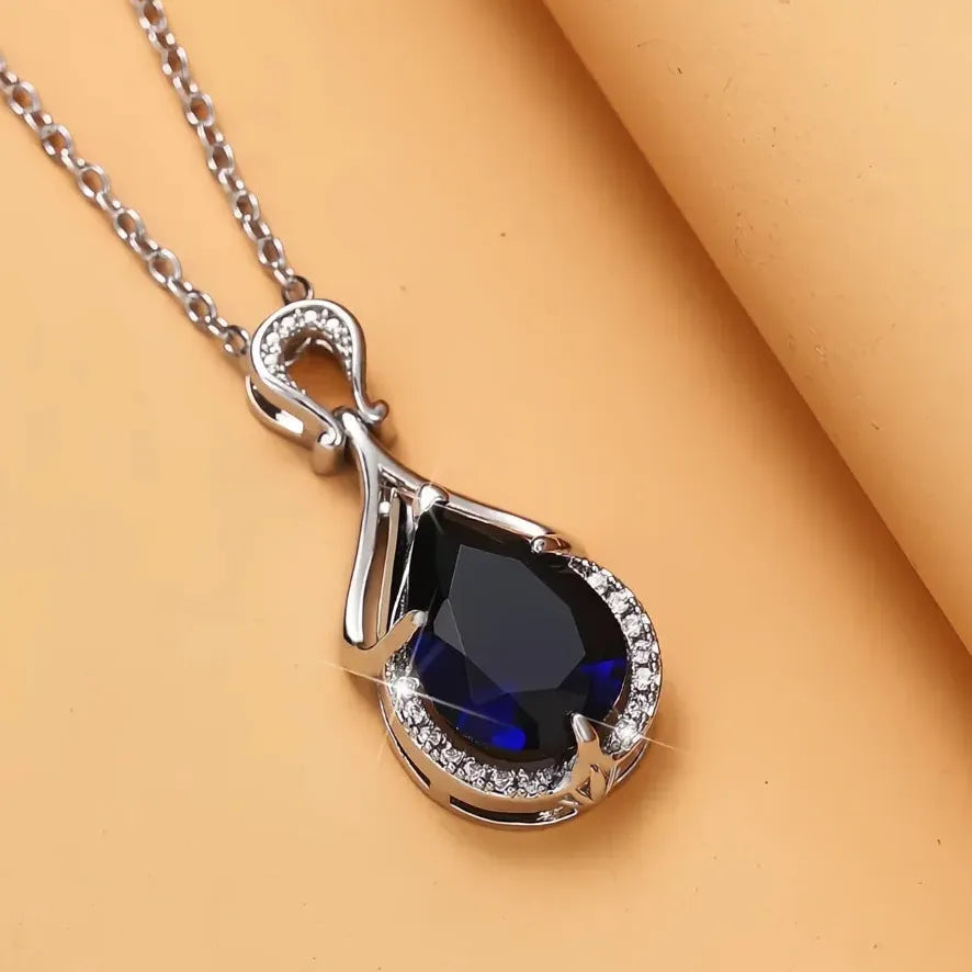 Blue Pear Cubic Zirconia Pendant Necklace for Women Wedding Jewelry Luxury