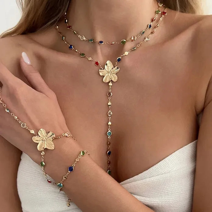 Boho Flower Pendant Necklace & Adjustable Crystal Chain Bracelet Set