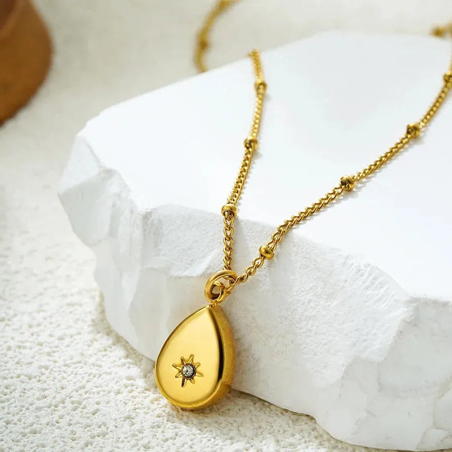 Minimalist Geometric Zircon Moon Pendant Necklace Women Stainless Steel Gold Chain