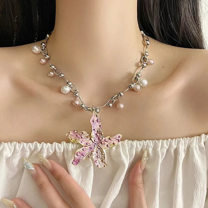Vintage Purple Pink Starfish Flower Pearl Necklace with Zinc Alloy Pendant