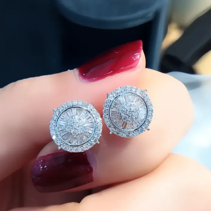 Geometric Round Stud Earrings with Sparkling CZ Cubic Zirconia for Women