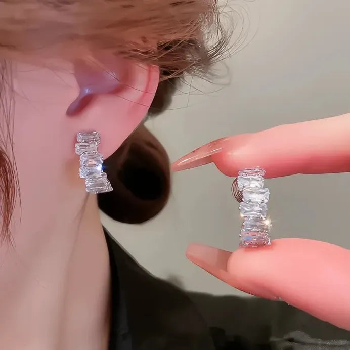 Stylish Modern Oval Cubic Zirconia Hoop Earrings for Women Silver Jewelry