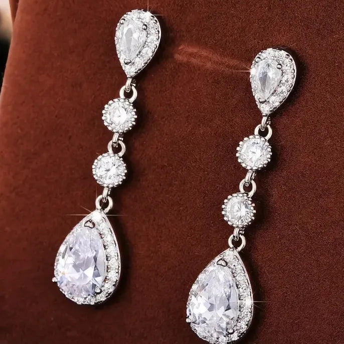 Silver Color Dangle Earrings for Women with Cubic Zirconia Crystal Drop Fashion Jewelry