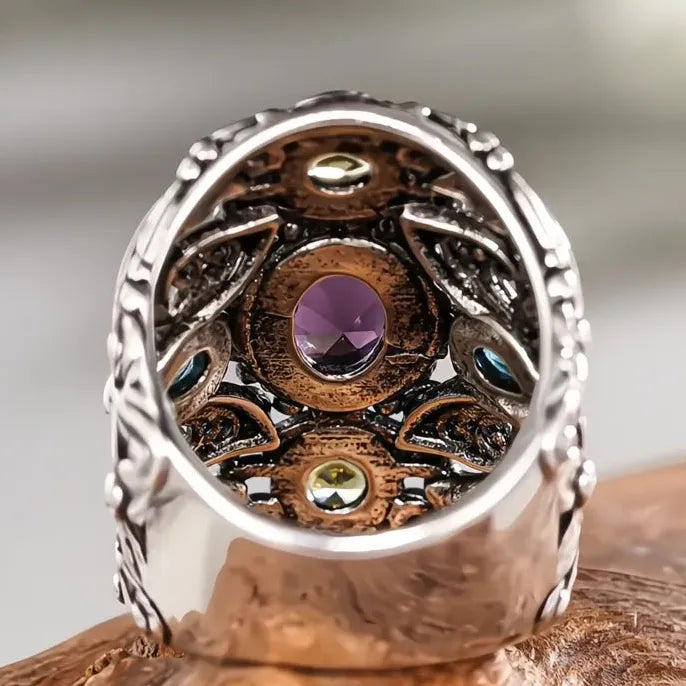 Vintage Women’s Silver Brass Geometric CZ Cocktail Ring Multicolor Party Jewelry