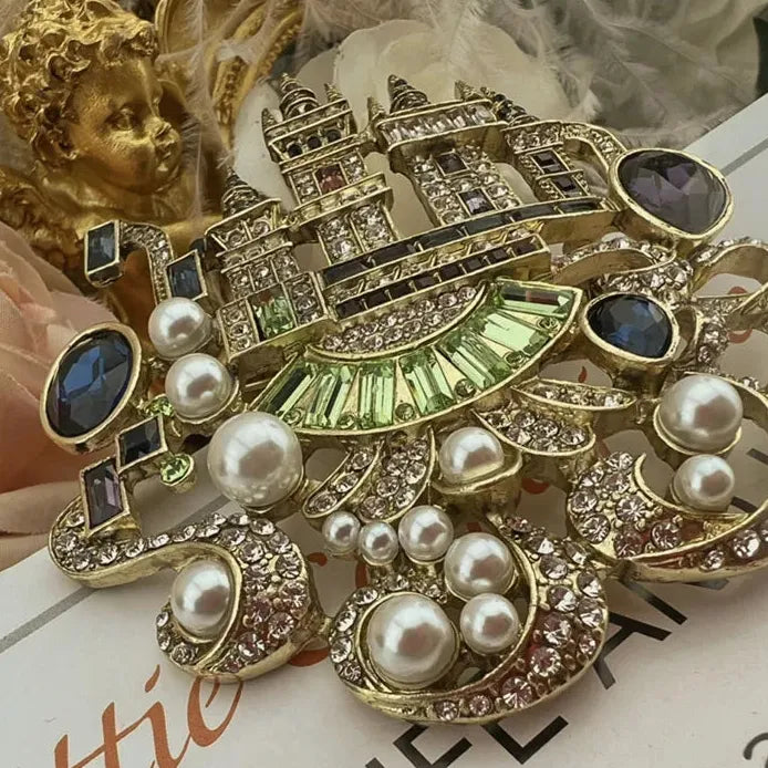 Vintage Pink Castle Palace Crystal Rhinestone Brooch Pin for Women
