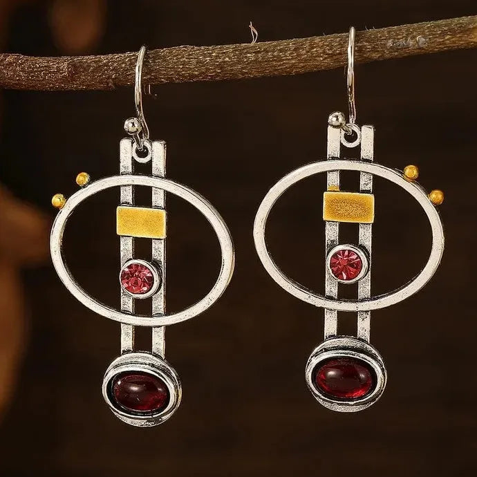 Retro Hollow Circular Synthetic Red Zircon Earrings Bohemian Jewelry