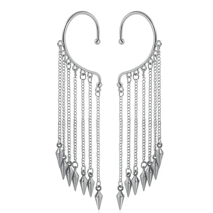 Adjustable Metal Rivet Tassel Clip-On Earrings for Women Hip-Hop Punk Jewelry