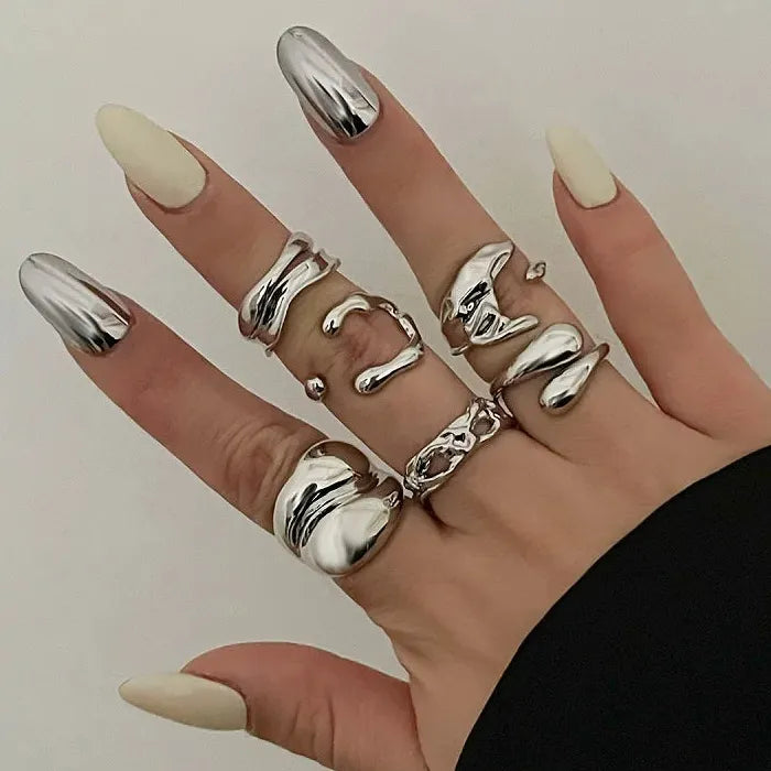 Irregular Gold Layered Metal Lava Rings Set for Women Party Jewelry Gift
