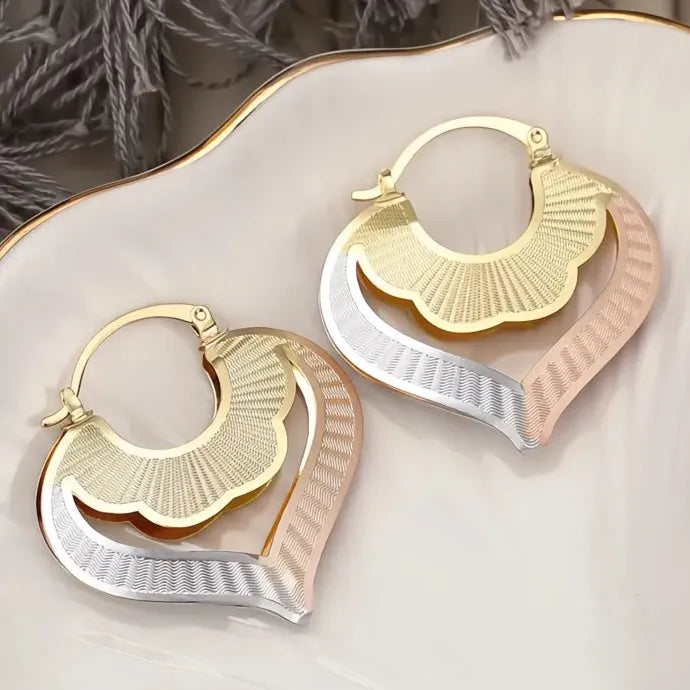 Heart Design Women’s Three Tone Hollow Out Drop Earrings Brass Jewelry