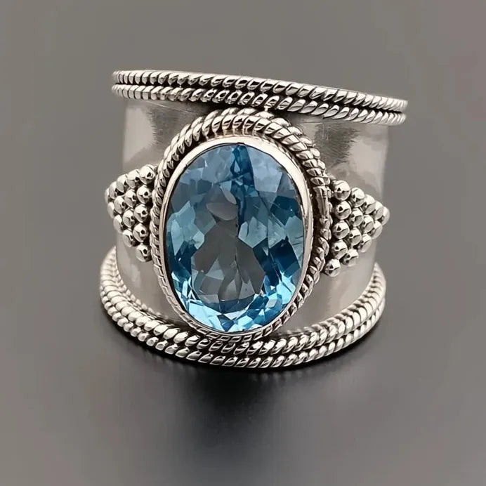 Silver Wide Blue Cubic Zirconia Cocktail Ring for Women Anniversary Party