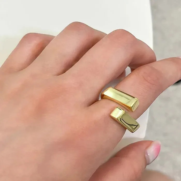 Korean Silver Geometric Rectangle Cross Adjustable Ring for Women Jewelry Gift